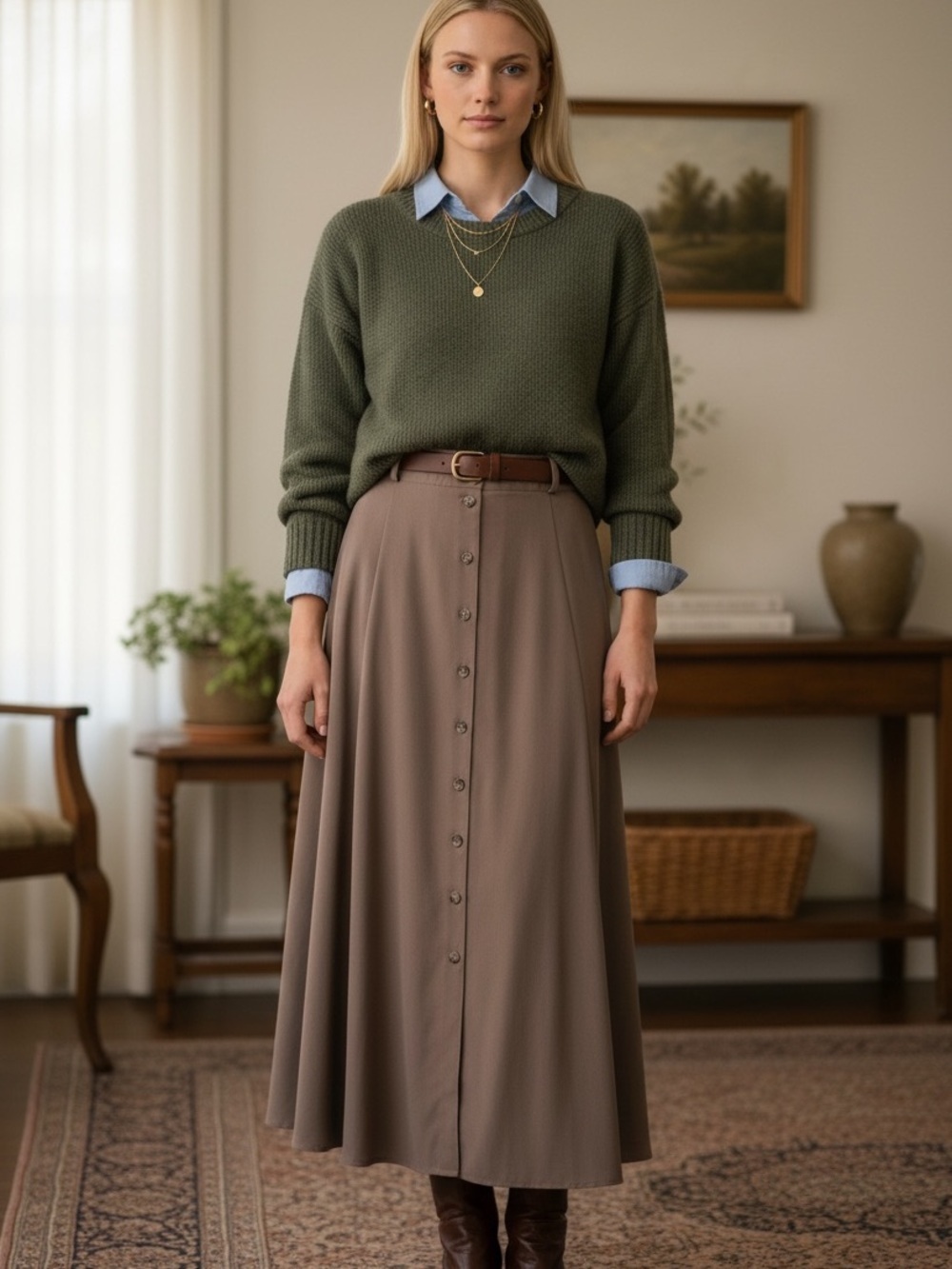 Vintage 90s Tribal Sportwear High-Waisted Button Front Midi Skirt | Taupe Brown